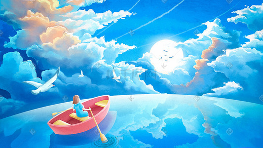 海洋插画图片_夏天天空蓝天云海女孩太阳鸟治愈背景