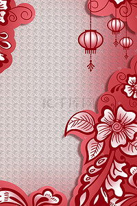 窗花剪纸插画图片_红色系中国风剪纸风灯笼花朵背景