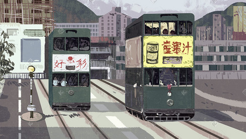 90年代香港街头景象质感插画