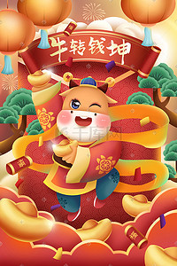 新年春节2021牛年立体剪纸中国风插画