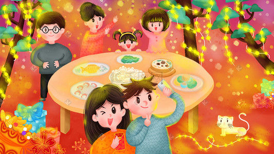 一家人吃饭插画图片_新年春节场景全家福吃饭