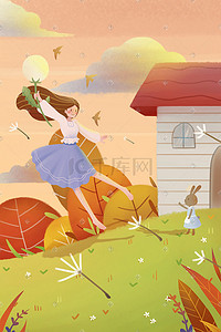 兔子卡通兔子插画图片_夏天夏季夏景风景少女兔子卡通插画