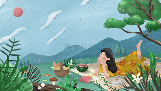 夏天野餐的女孩小清新插画天空蓝天云草地树叶树花插画背景