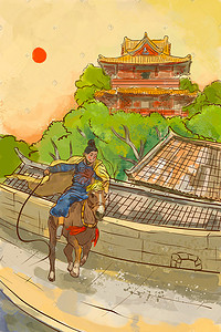 骑马雕像插画图片_朝阳下的骑马少年新国风插画