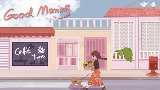 散步插画图片_夏季早安粉色少女散步街头卡通扁平配图
