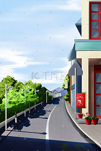 怀旧街景插画图片_盛夏蓝天下的街景