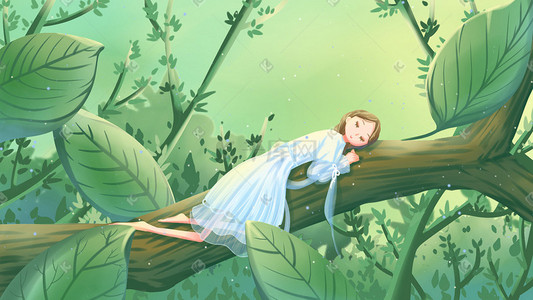 裙子插画图片_绿色唯美卡通治愈夏季树叶森林里午睡配图