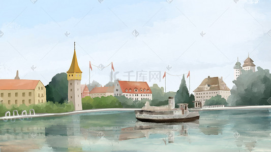 河道施工插画图片_欧洲风景主题水彩插画