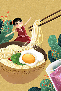 虾仁干贝插画图片_黄色系卡通手绘风美食鸡蛋面配图