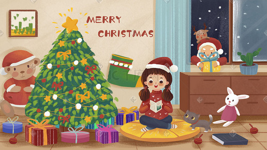 圣诞圣诞树插画图片_圣诞主题之圣诞老人偷偷来过圣诞