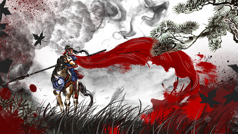 中国风水墨武侠古风天空植物骑马风景背景
