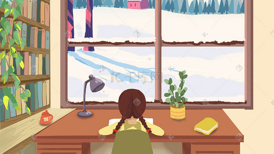 寒假插画图片_小女孩寒假在家写作业