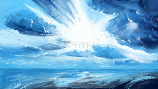 夏天蓝色天空云空旷海面大海风景插画背景