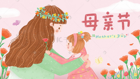 花环小插画图片_感恩节温馨母亲节小清新粉色花女孩背景