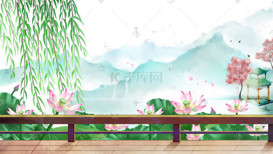 远山插画图片_中国风夏季荷塘远山国风木桥栈道山水风景