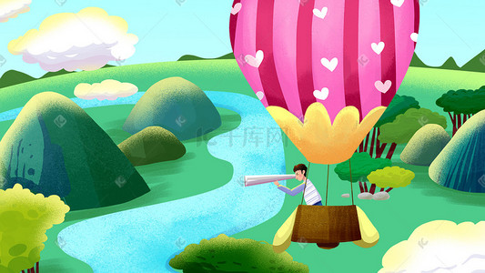 女孩热气球插画图片_绿色系卡通手绘风小暑热气球出行配图