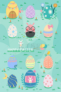 鸡蛋仔饼插画图片_复活节兔子彩蛋彩色鸡蛋