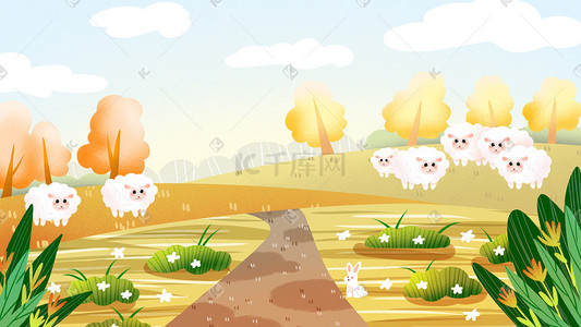 边框png简单插画图片_简单背景秋天平原上的小绵羊卡通背景