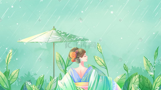 绿色唯美卡通清新夏季雨季古风少女打伞配图