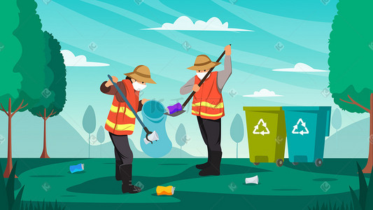 环卫工人日海报插画图片_五一劳动节辛苦打扫公园的环卫工人们