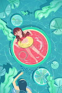 绿色夏天小暑期女孩在西瓜上游泳