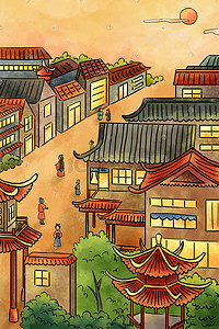 天上的街市插画图片_新中国风古代街市建筑房子闹市庙会