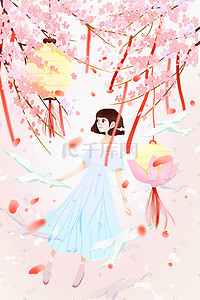 桃花节樱花节插画图片_粉色浪漫桃花节少女 人物插画