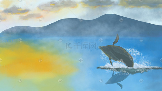 蓝色大海插画图片_夏天蓝色大海唯美山脉海豚