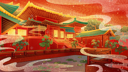 大气黑红插画图片_新年春节中国风国朝古代建筑大气场景