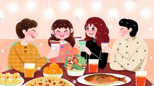 派对桌子插画图片_聚餐派对团圆团聚美食插画