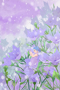 六月夏插画图片_六月你好紫色肌理唯美浪漫桔梗花精灵