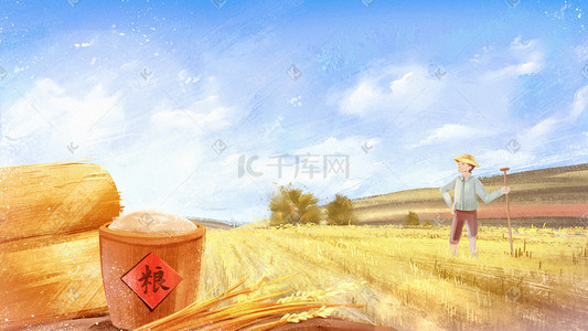 农民挠头插画图片_金色手绘油画风格农民种植节约粮食