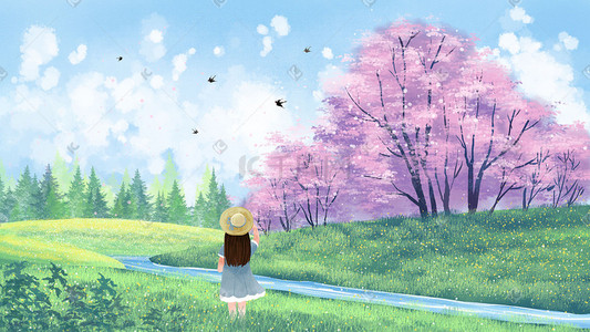 旅游主题插画图片_春分主题之春天风景樱花草地风景