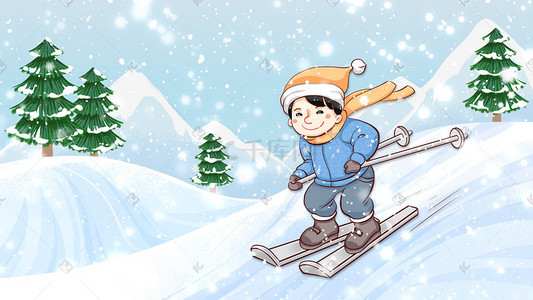 小寒雪景插画图片_小寒冬季户外运动滑雪插画