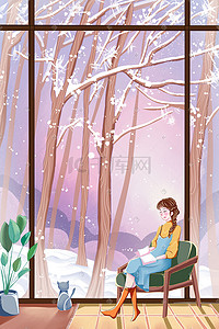 下雪的天空插画图片_小雪落地窗外的雪景手绘插画