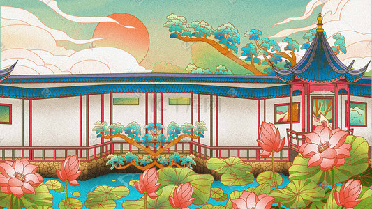 古风背景建筑插画图片_国潮夏天大暑古风中国风建筑工笔插画背景