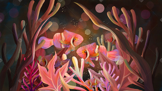 水生物插画图片_夏天粉色海底生物海珊瑚大海海洋海底世界水草珊瑚树叶鱼背景