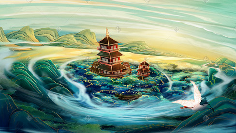 中国风大气场景国风手绘插画