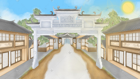 新中式国风插画图片_新中国风古风古代古建筑场景风景牌楼房屋