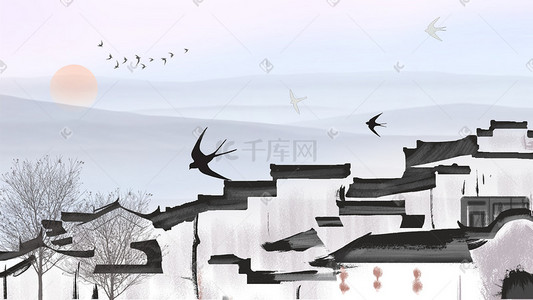 蓝色背插画图片_蓝色系冷淡风中国风古风建筑天空傍晚风景背