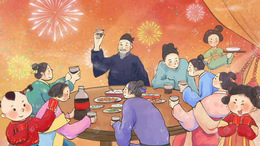 很多人聊天插画图片_新年春节年夜饭古风主题之过年聚会喝酒聊天