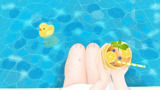 小清新夏季女生泳池边喝水果茶