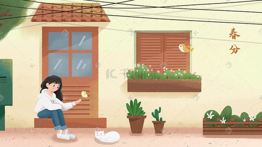 猫咪看插画图片_春分坐在门口看蝴蝶的女孩小清新插画