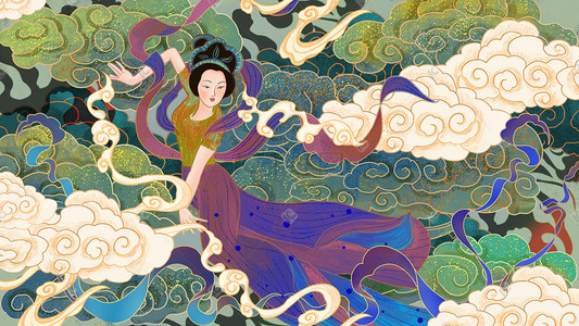 敦煌风背景插画图片_国潮祥云飞天仕女中国风古典复古插画背景