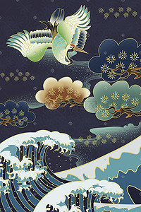 和风和风插画图片_浮世绘松鹤呈祥装饰