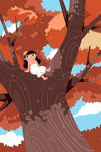 凉爽树叶插画图片_卡通手绘风立秋大树树叶配图