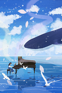 治愈系天空鲸鱼插画图片_夏日天空女孩弹钢琴梦幻治愈系