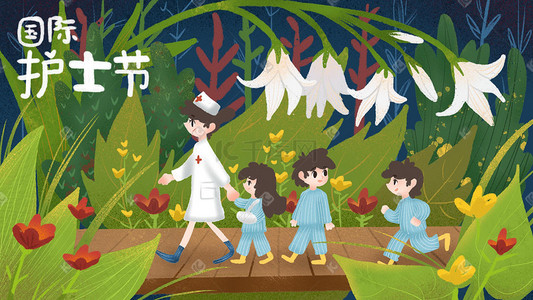 国际手绘插画图片_国际护士节白衣天使儿童漫步森林手绘风插画