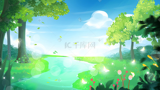 河流logo插画图片_树林森林草地河流风景背景