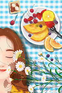 水果高清插画图片_治愈唯美清新美食水果清菜餐桌桌布少女草莓